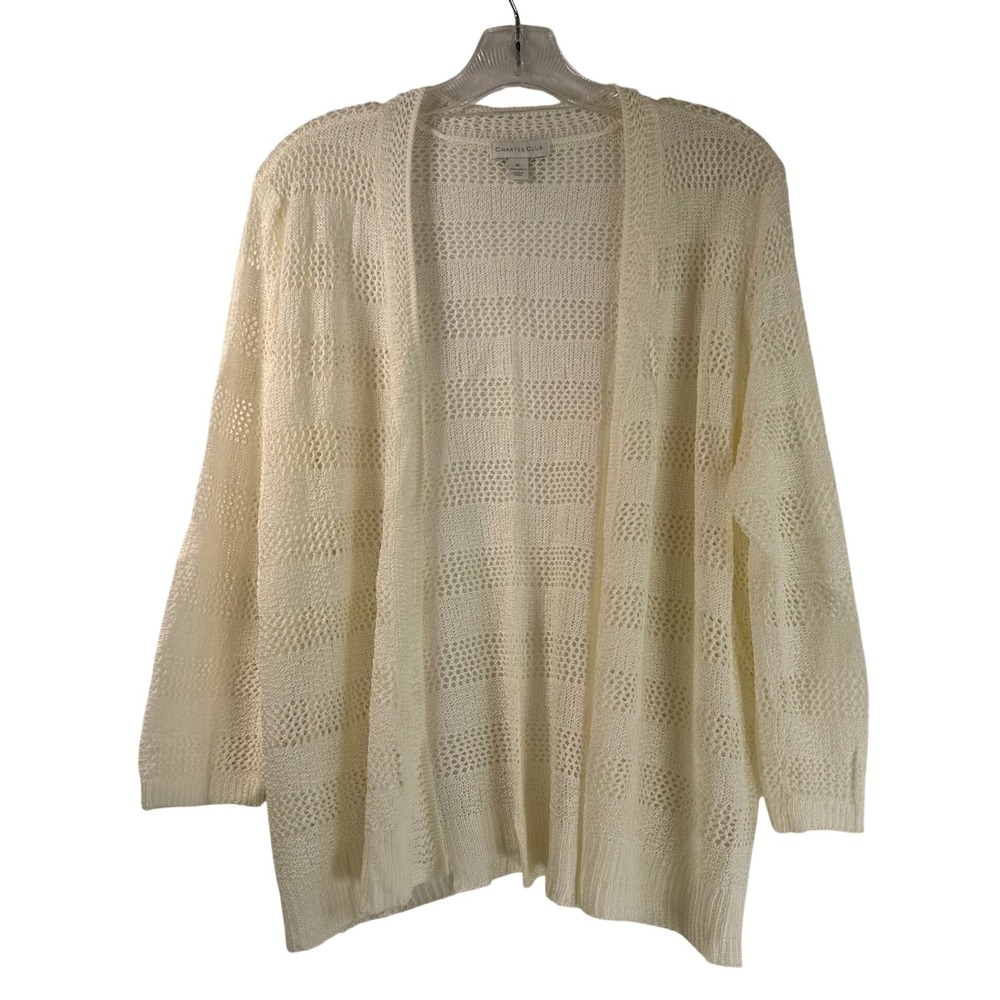 Charter Club Womens XL Ivory Pointelle Knit Open Front Cardigan Striped Sweater